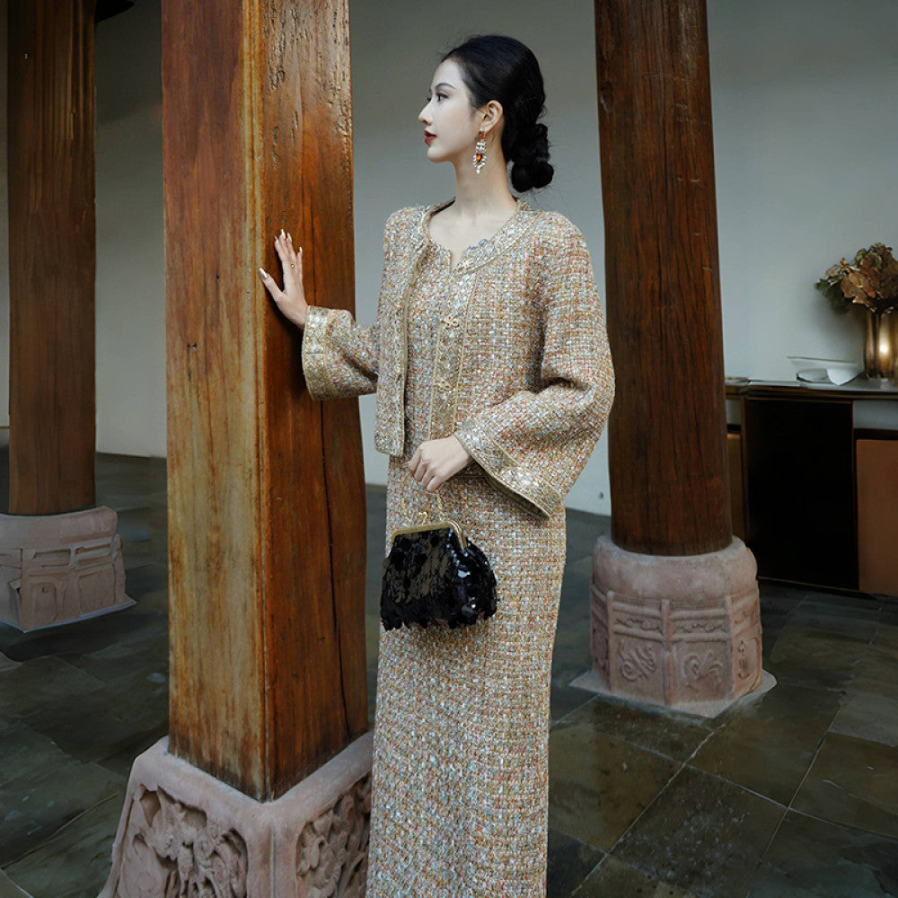 Chengyu Gaoding Zunyao Jinque New Chinese style Small Fragrance Golden Thread Flower Bead Weaving Coat Western Dress Set image 4