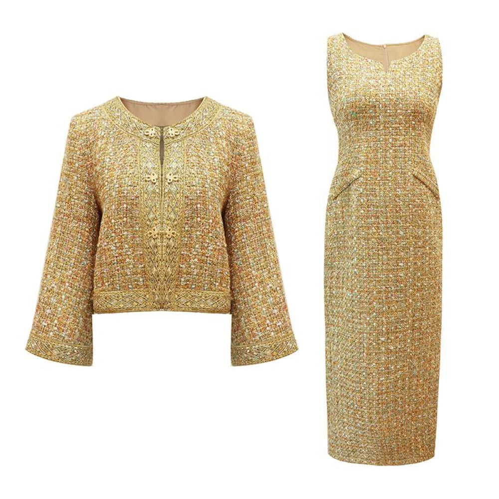 Chengyu Gaoding Zunyao Jinque New Chinese style Small Fragrance Golden Thread Flower Bead Weaving Coat Western Dress Set image 5