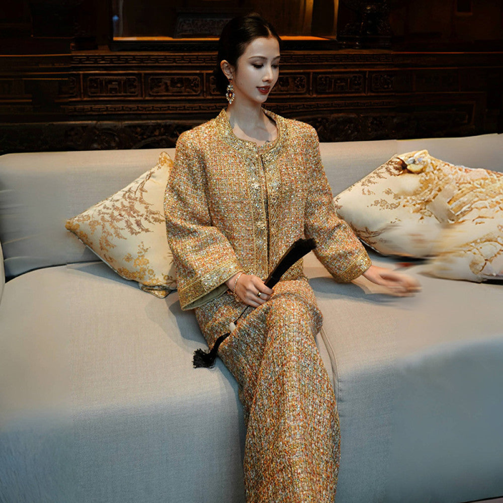 Chengyu Gaoding Zunyao Jinque New Chinese style Small Fragrance Golden Thread Flower Bead Weaving Coat Western Dress Set image 16