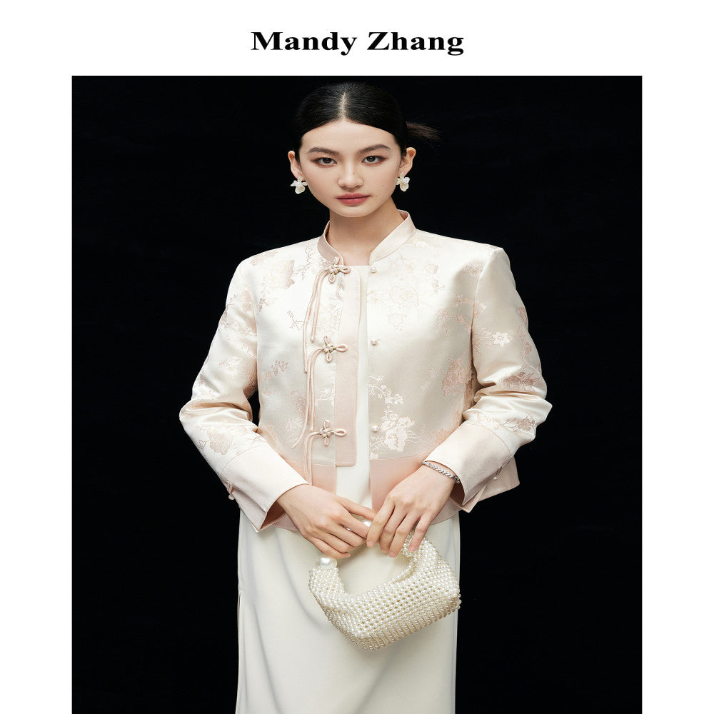 Mandyzhang new Chinese style gold embroidered powder coat ladies autumn high end acetate disc button top image 3