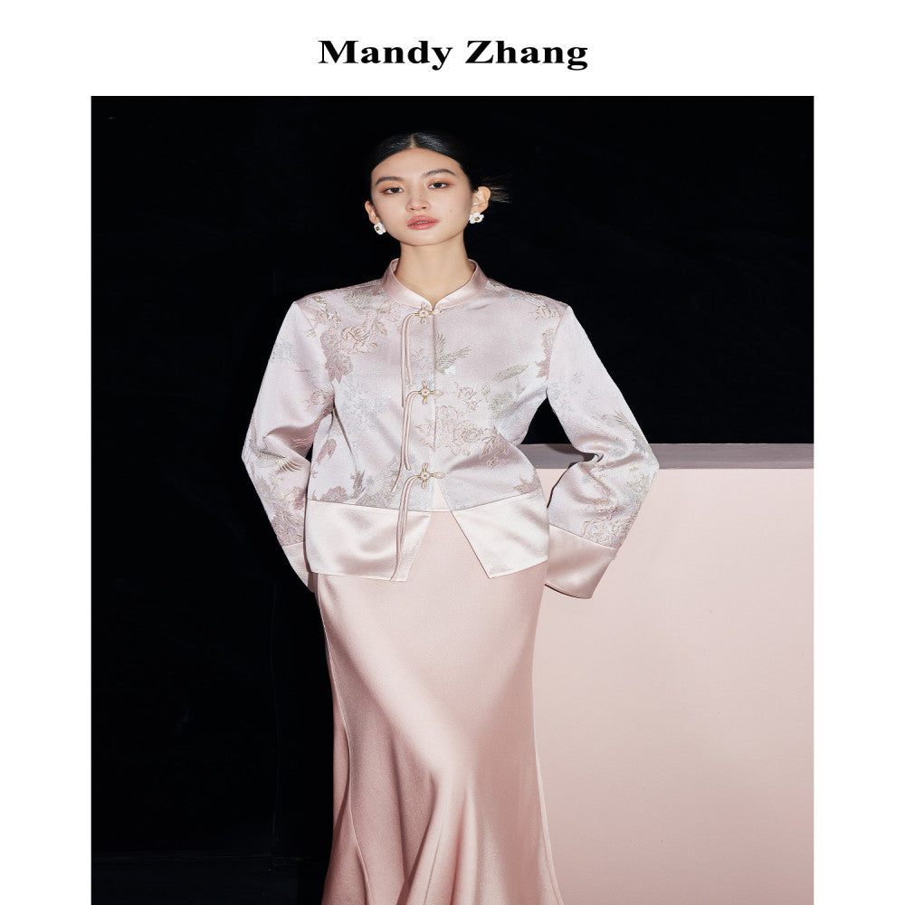 Mandyzhang new Chinese style gold embroidered powder coat ladies autumn high end acetate disc button top image 0