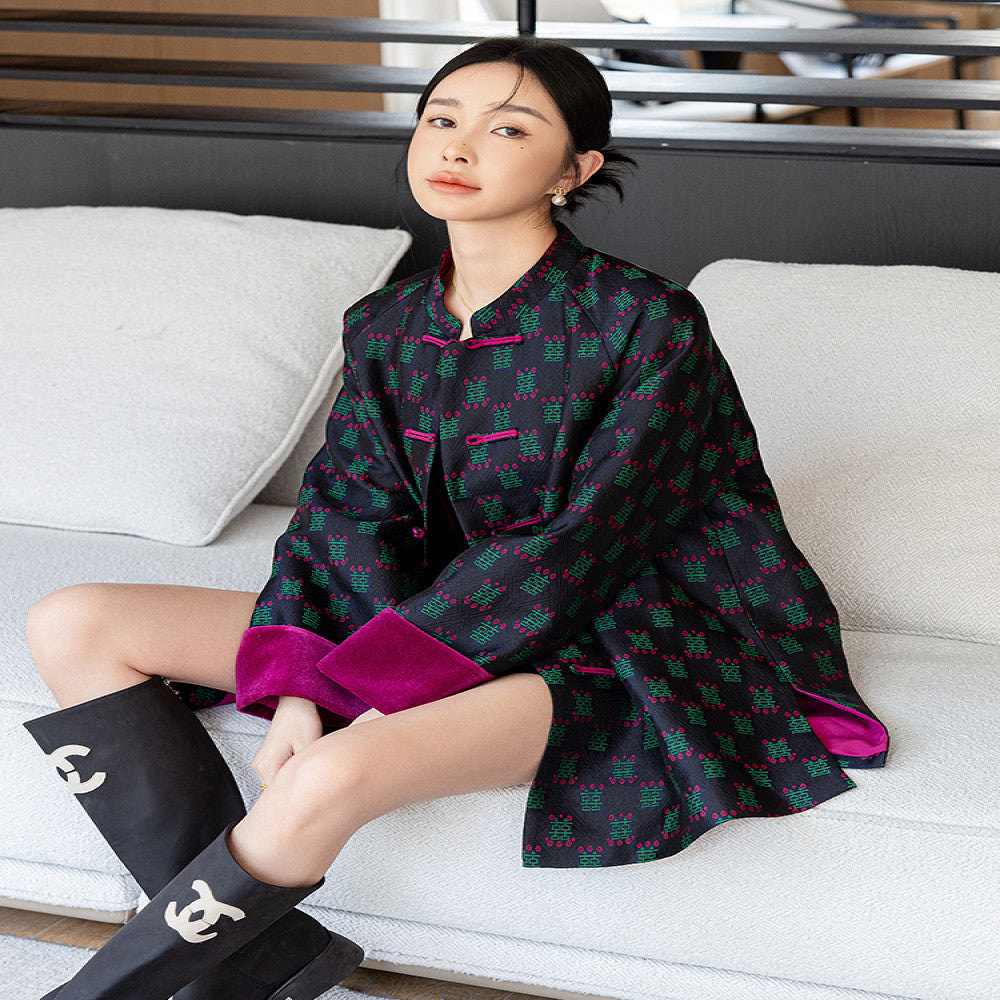 Vintage woven satin jacquard Chinese style jacket for women mid to long length autumn outfit original design loose new Chinese style button top image 2