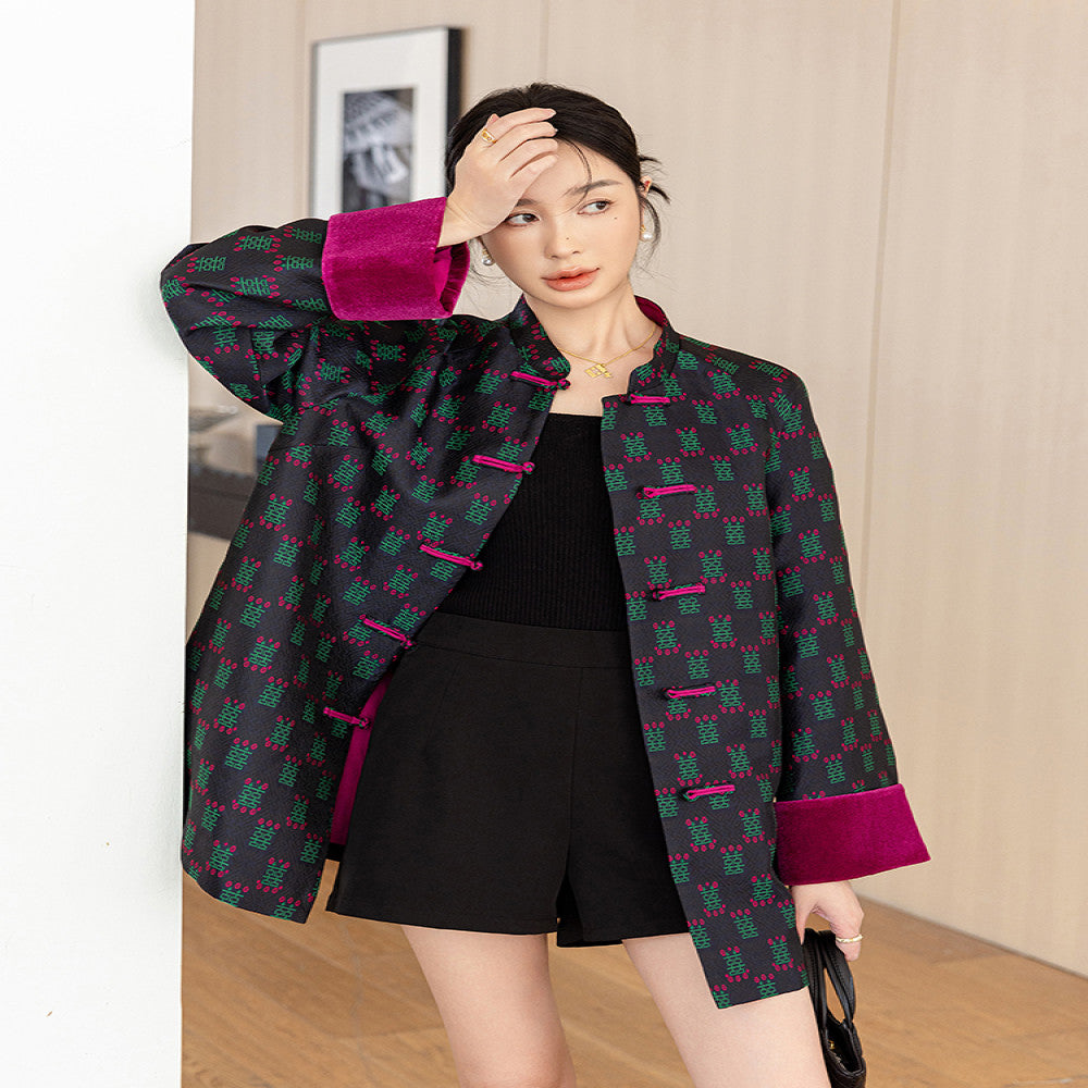 Vintage woven satin jacquard Chinese style jacket for women mid to long length autumn outfit original design loose new Chinese style button top image 0