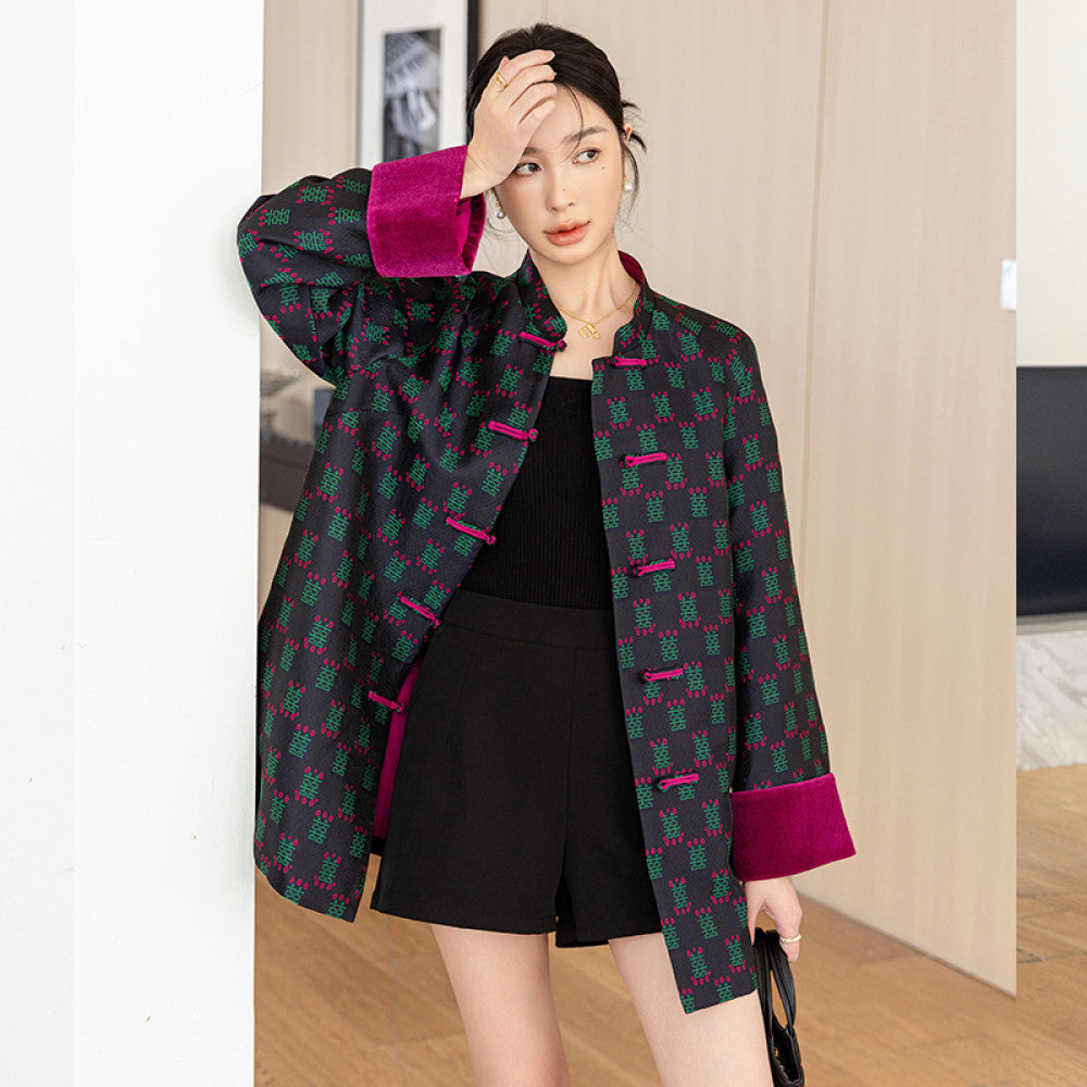 Vintage woven satin jacquard Chinese style jacket for women mid to long length autumn outfit original design loose new Chinese style button top image 7