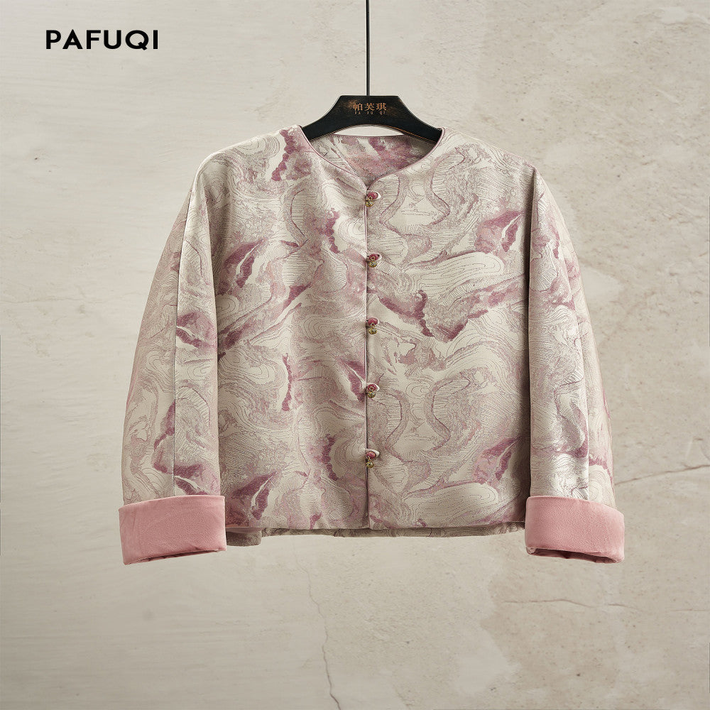 Improved new Chinese style jacket pink age reducing jacquard loose silhouette top Chinese style women s clothing 2025 new style early autumn image 5