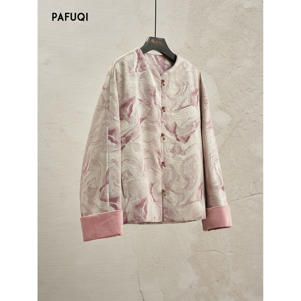 Improved new Chinese style jacket pink age reducing jacquard loose silhouette top Chinese style women s clothing 2025 new style early autumn image 9