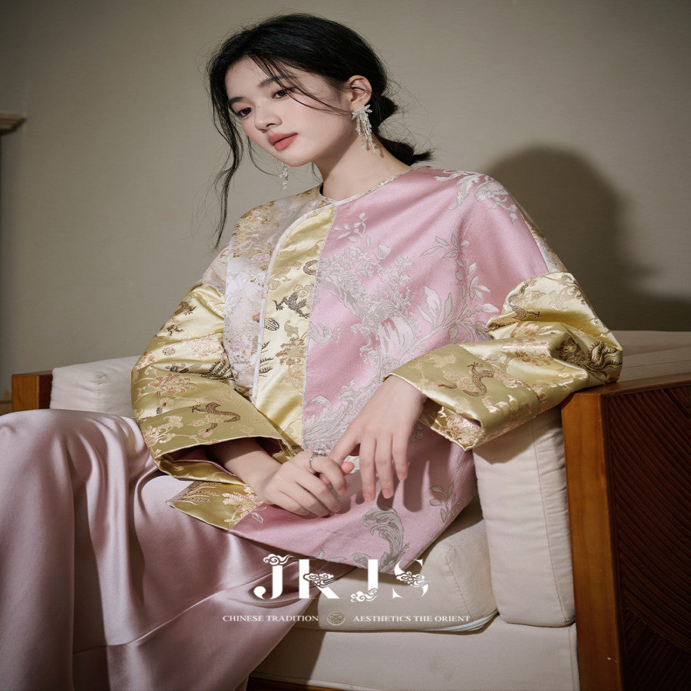 JKJS Jintangchun Colorblock jacquard double breasted quilted jacket autumn and winter Chinese style women s thick new Chinese style cotton coat image 1