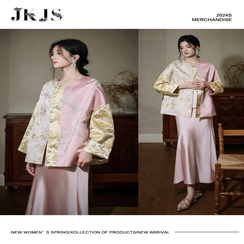 JKJS Jintangchun Colorblock jacquard double breasted quilted jacket autumn and winter Chinese style women s thick new Chinese style cotton coat image 3