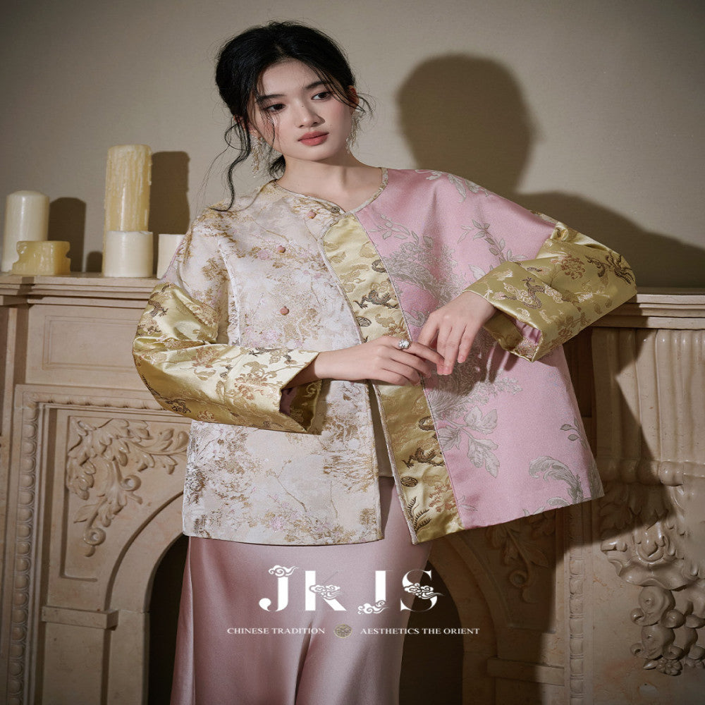 JKJS Jintangchun Colorblock jacquard double breasted quilted jacket autumn and winter Chinese style women s thick new Chinese style cotton coat image 4