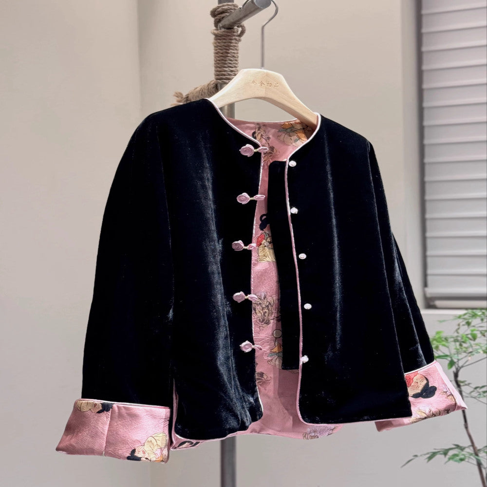 New Chinese style round neck double sided autumn and winter coat velvet pink Little Tang style high end young Tang style off shoulder sleeves Chinese style image 4