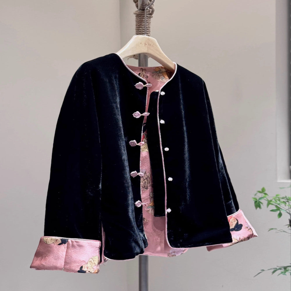 New Chinese style round neck double sided autumn and winter coat velvet pink Little Tang style high end young Tang style off shoulder sleeves Chinese style image 0