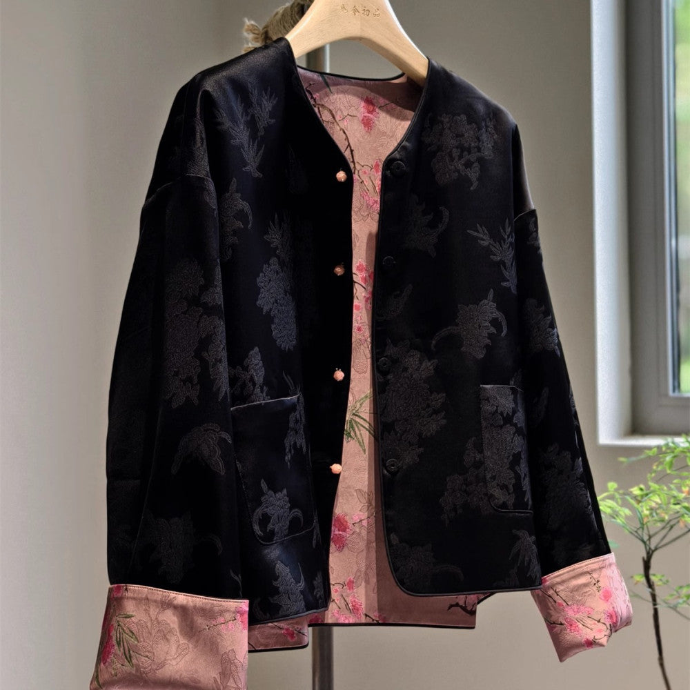 New Chinese style high end jacket for women s autumn style short cardigan with satin jacquard round neck on both sides black light Chinese style image 2