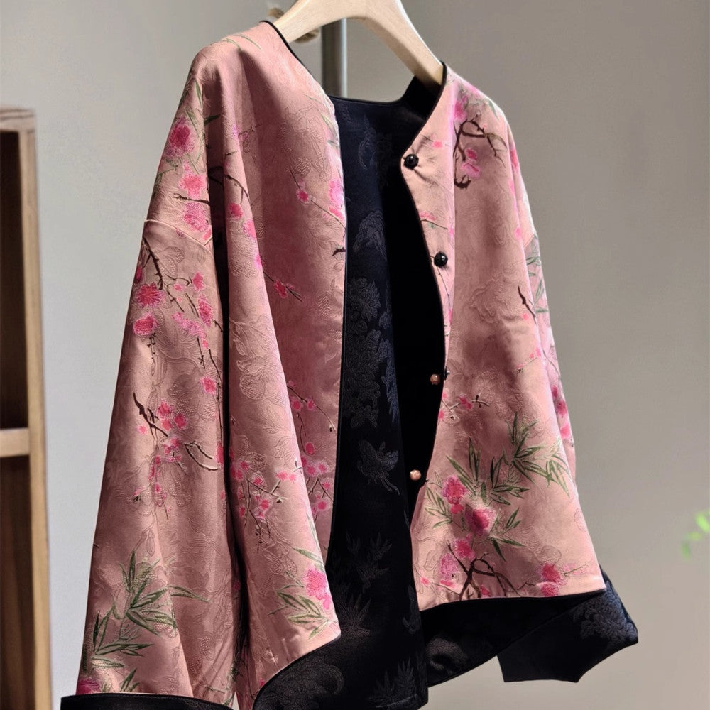 New Chinese style high end jacket for women s autumn style short cardigan with satin jacquard round neck on both sides black light Chinese style image 11