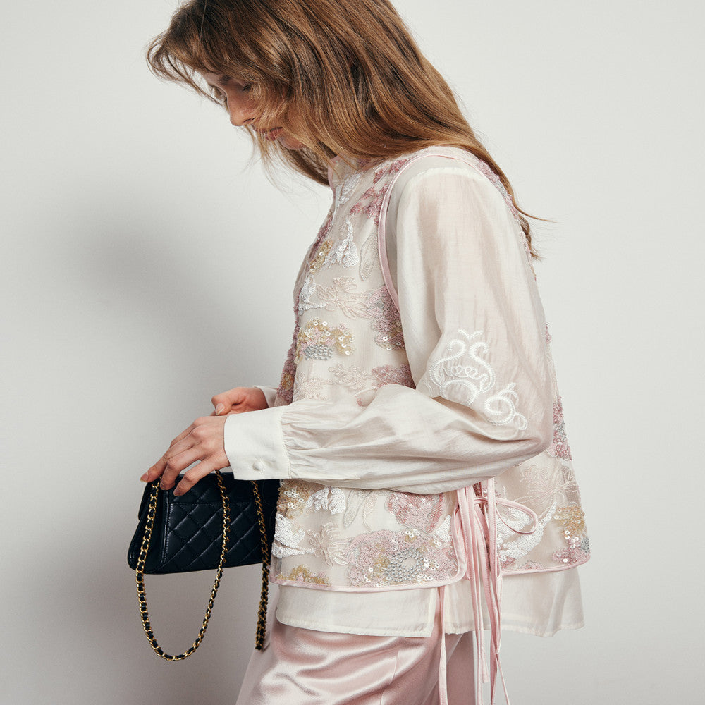 Spot Mi Jie same style heavy flower pattern floating line full embroidery new Chinese style national style mesh embroidery see through vest vest image 4