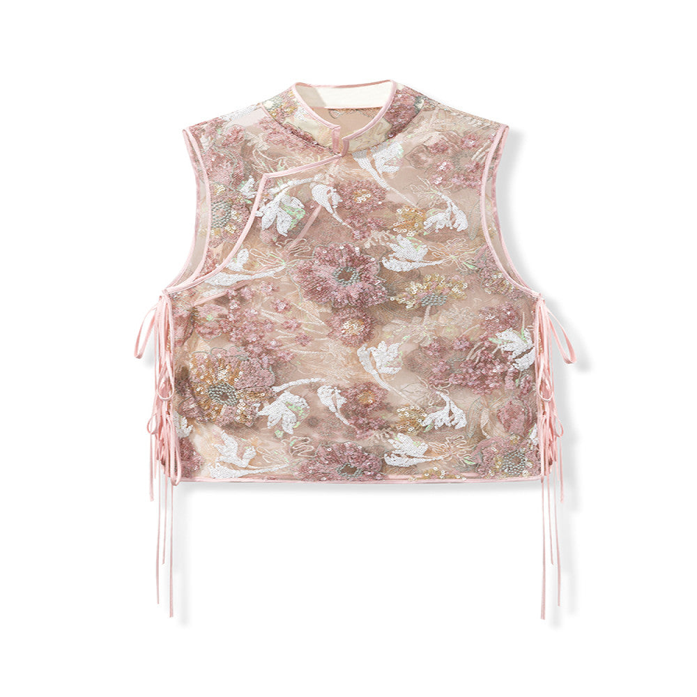 Spot Mi Jie same style heavy flower pattern floating line full embroidery new Chinese style national style mesh embroidery see through vest vest image 6