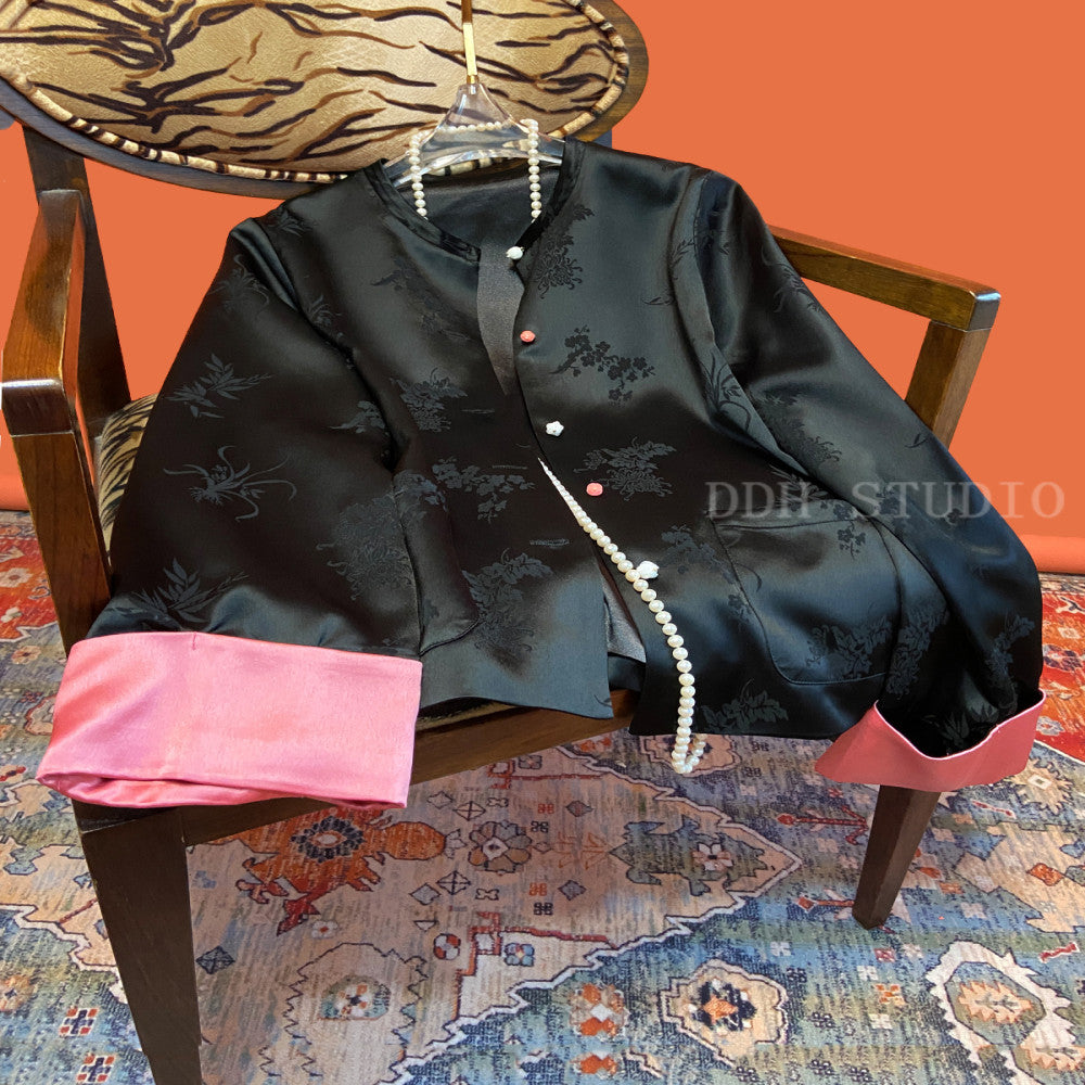 New Chinese style acetate satin jacquard jacket Early spring new button round neck short jacket top image 1