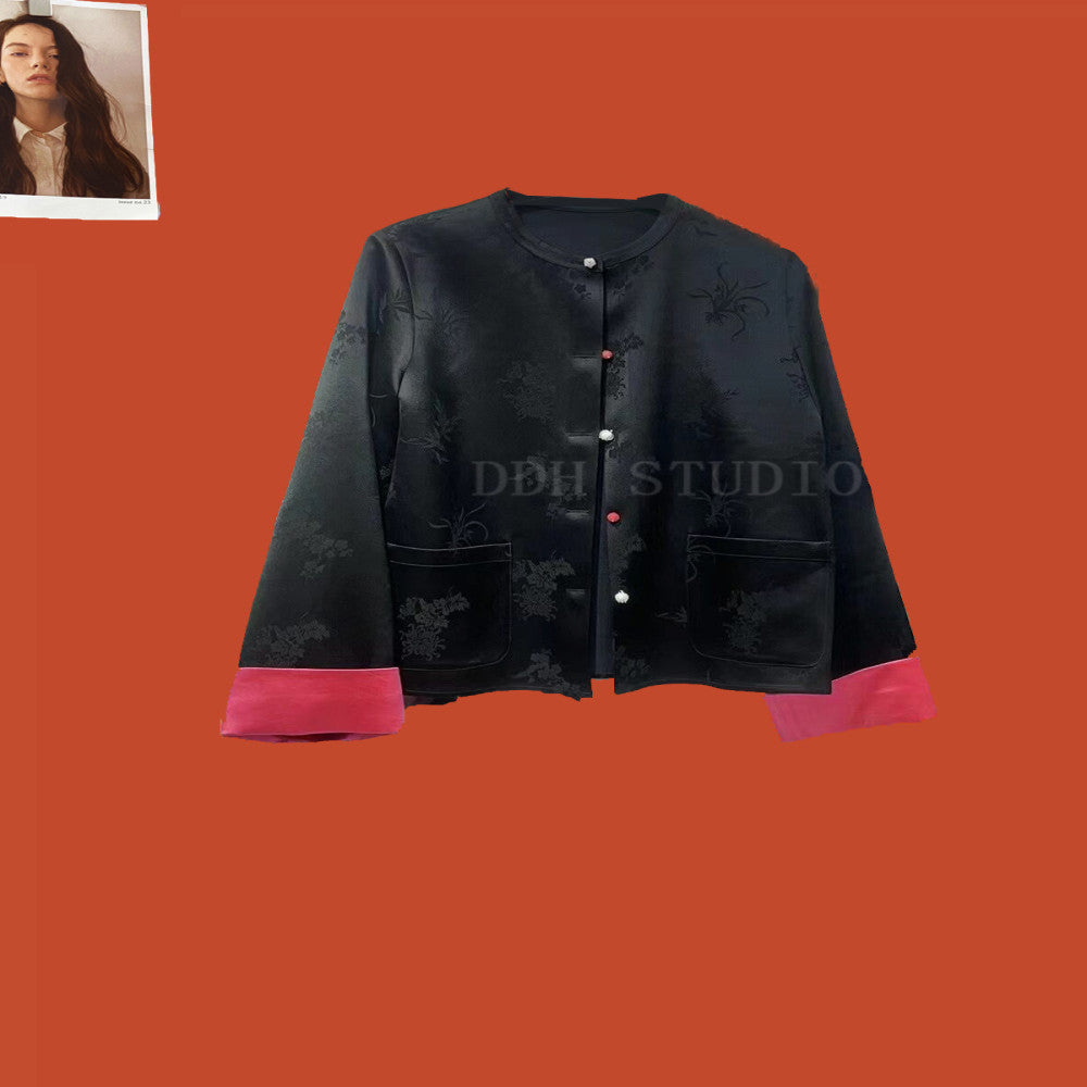 New Chinese style acetate satin jacquard jacket Early spring new button round neck short jacket top image 13