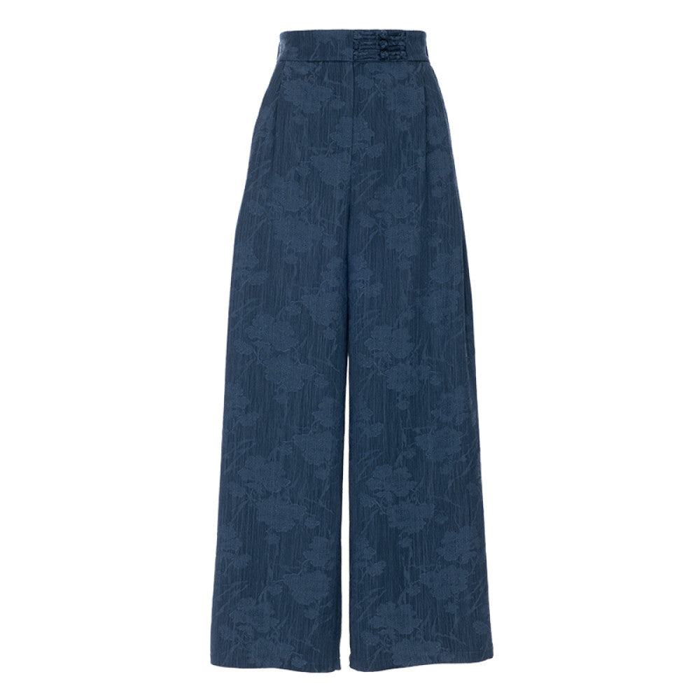 Hua Mu Shen Xin Chinese style casual pants for women new jacquard imitation denim pants blue straight leg pants buttoned wide leg pants image 19