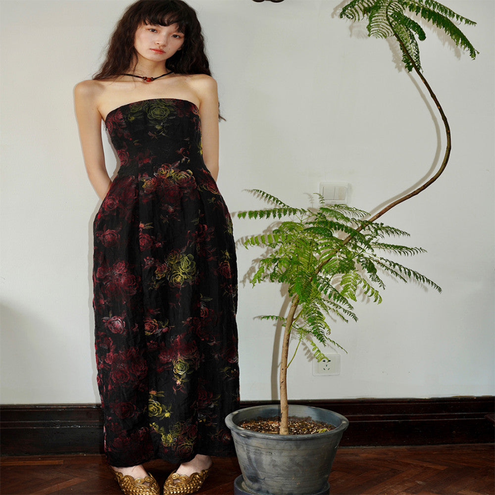 Bad taste western new Chinese style Tencel plush hanging neck retro floral suspender dress in stock image 27