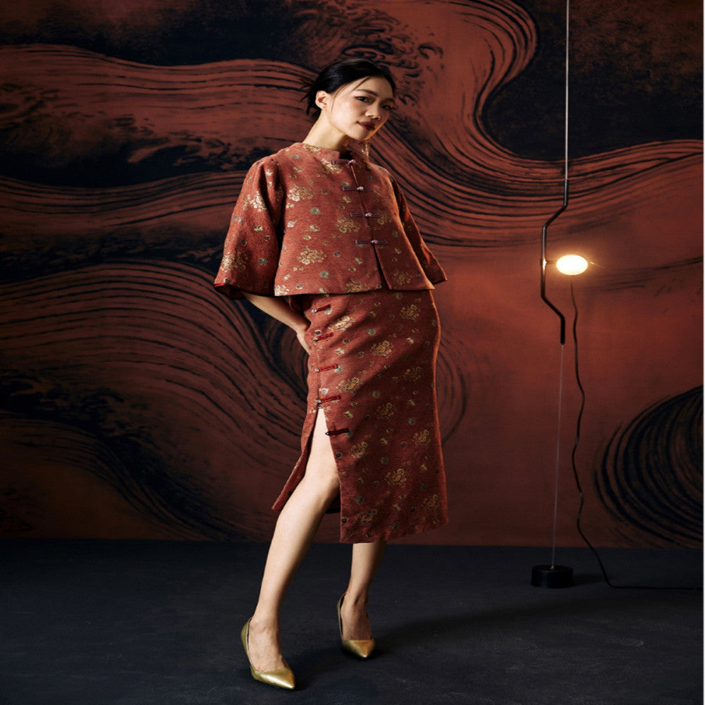 Gerbera jamesonii Original retro new Chinese style jacquard improved Tang style wide sleeves slim fit Hanfu vest qipao two piece set image 2