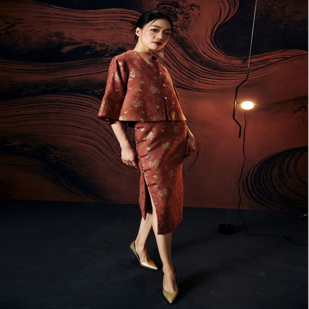 Gerbera jamesonii Original retro new Chinese style jacquard improved Tang style wide sleeves slim fit Hanfu vest qipao two piece set image 3