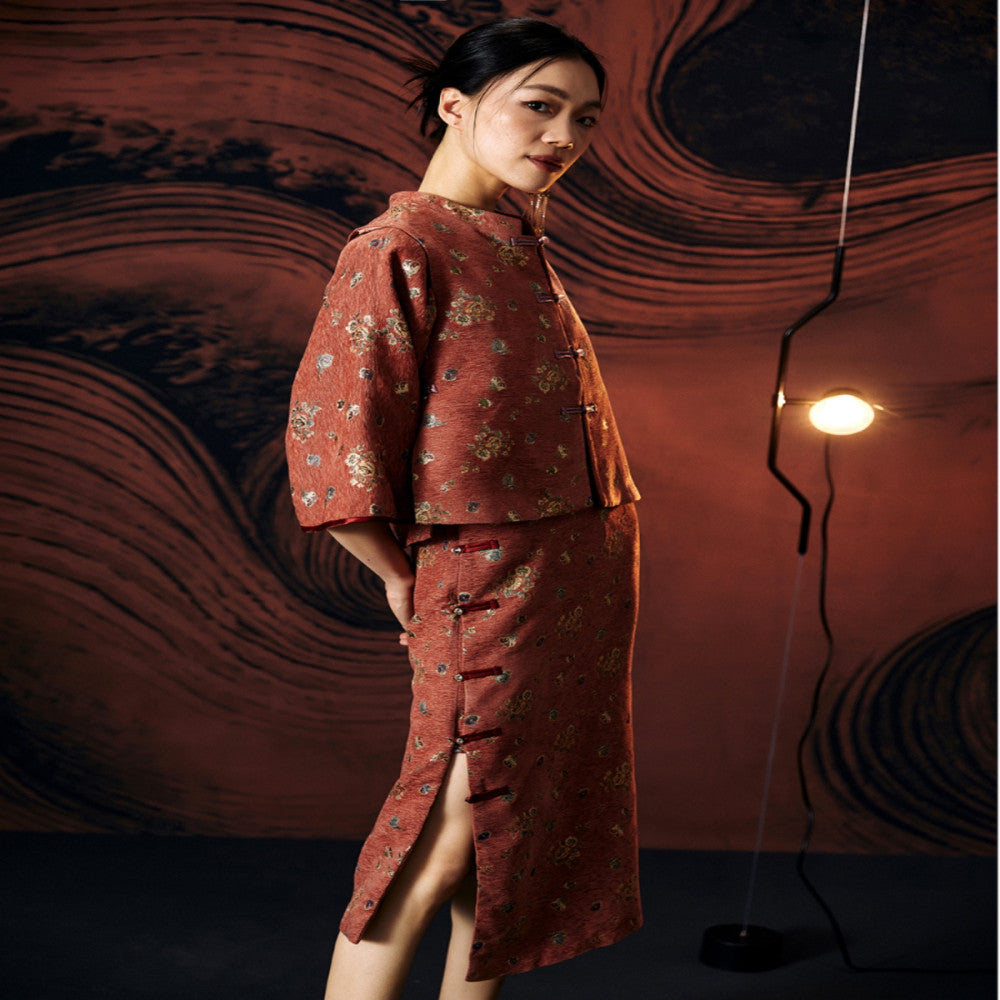 Gerbera jamesonii Original retro new Chinese style jacquard improved Tang style wide sleeves slim fit Hanfu vest qipao two piece set image 4