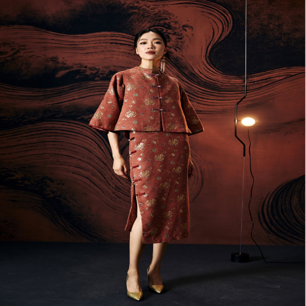 Gerbera jamesonii Original retro new Chinese style jacquard improved Tang style wide sleeves slim fit Hanfu vest qipao two piece set image 5