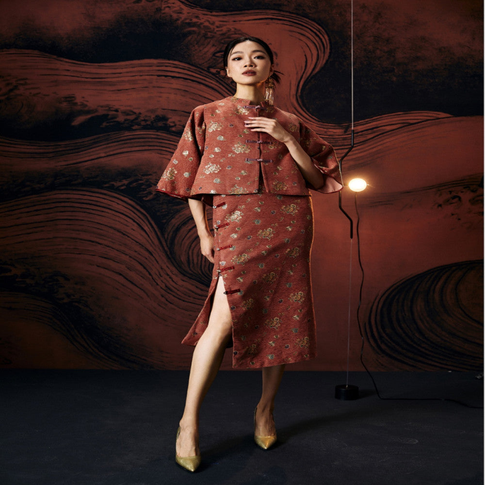 Gerbera jamesonii Original retro new Chinese style jacquard improved Tang style wide sleeves slim fit Hanfu vest qipao two piece set image 0