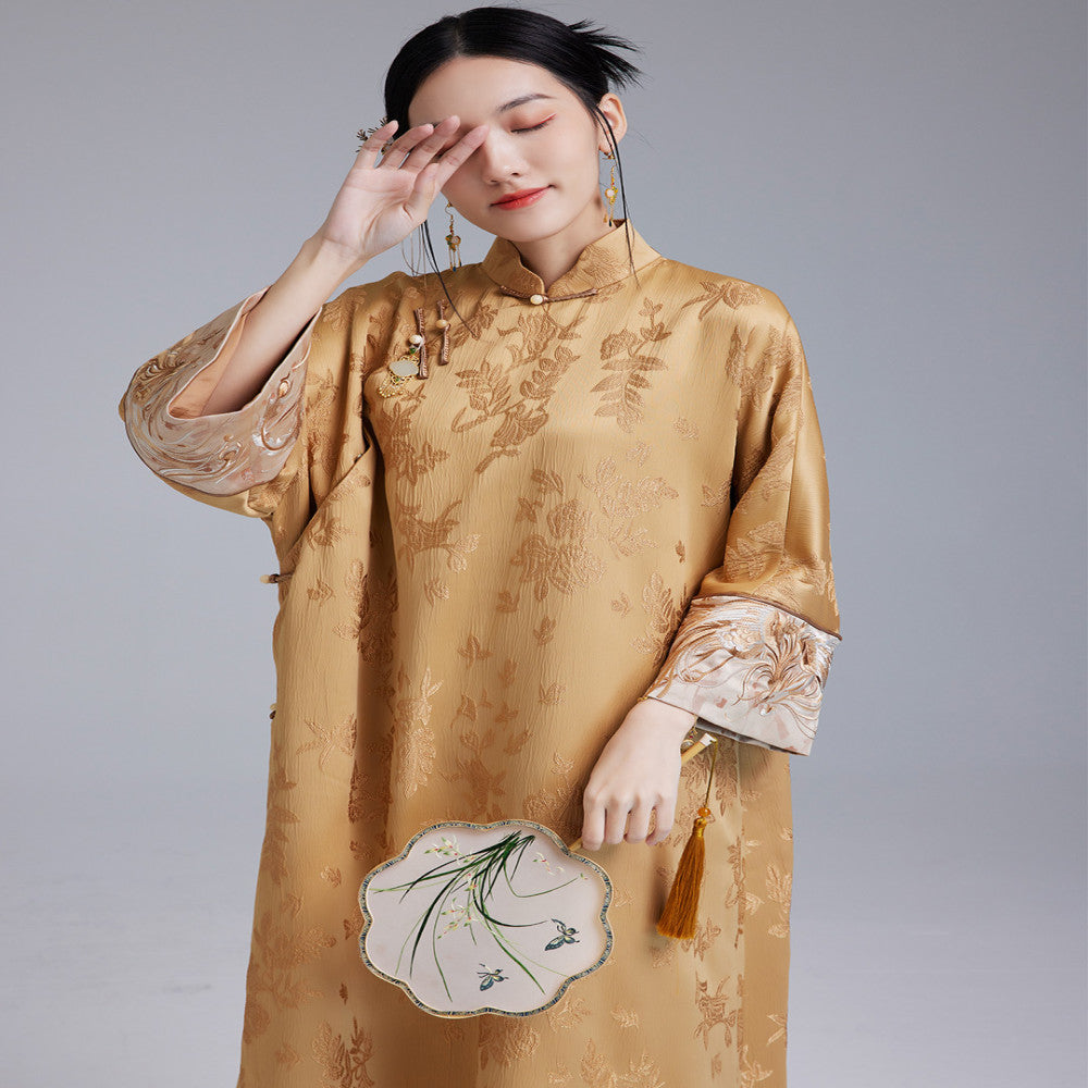 Moyu 2024 Autumn New Chinese Style Retro Art Tea Clothes Improved Slant Skirt Cheongsam Chinese Embroidery Dress image 0