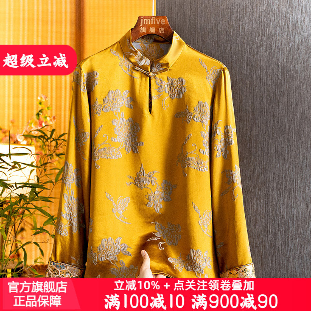 New Chinese style silk jacquard stand up collar shirt for women in the spring of 2025 New product Mulberry silk western style small shirt long sleeved top for women image 0