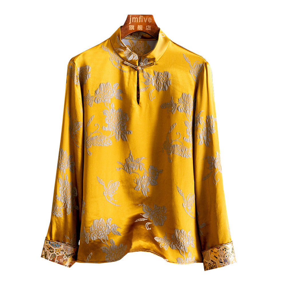 New Chinese style silk jacquard stand up collar shirt for women in the spring of 2025 New product Mulberry silk western style small shirt long sleeved top for women image 14