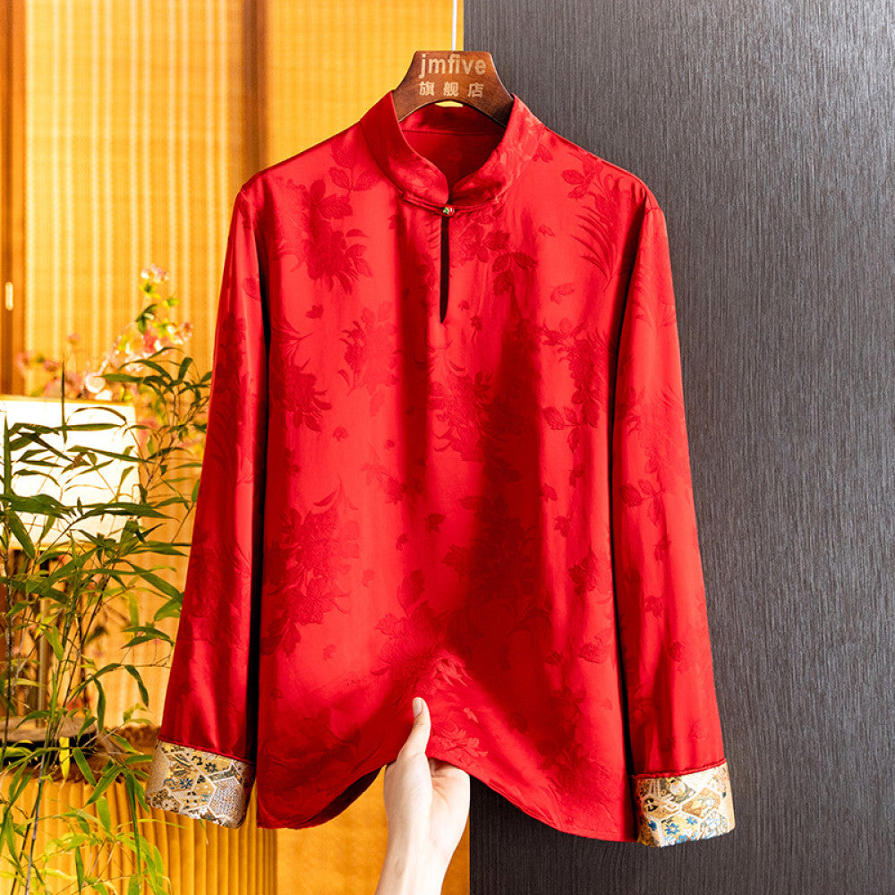 New Chinese style silk jacquard stand up collar shirt for women in the spring of 2025 New product Mulberry silk western style small shirt long sleeved top for women image 18