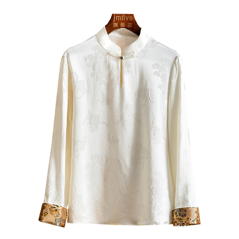 New Chinese style silk jacquard stand up collar shirt for women in the spring of 2025 New product Mulberry silk western style small shirt long sleeved top for women image 24