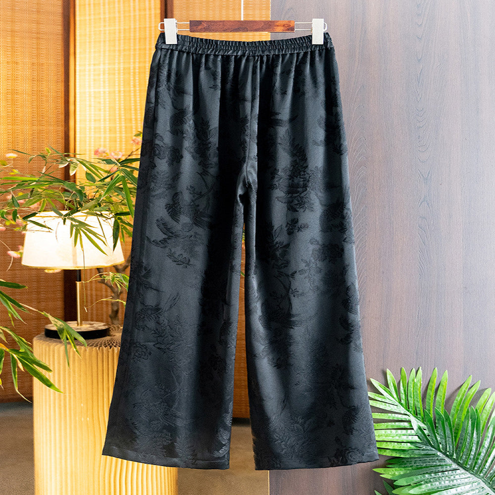 Vintage black slim straight trousers Autumn 2025 New China Chic elastic waist tassel jacquard casual pants for women image 2