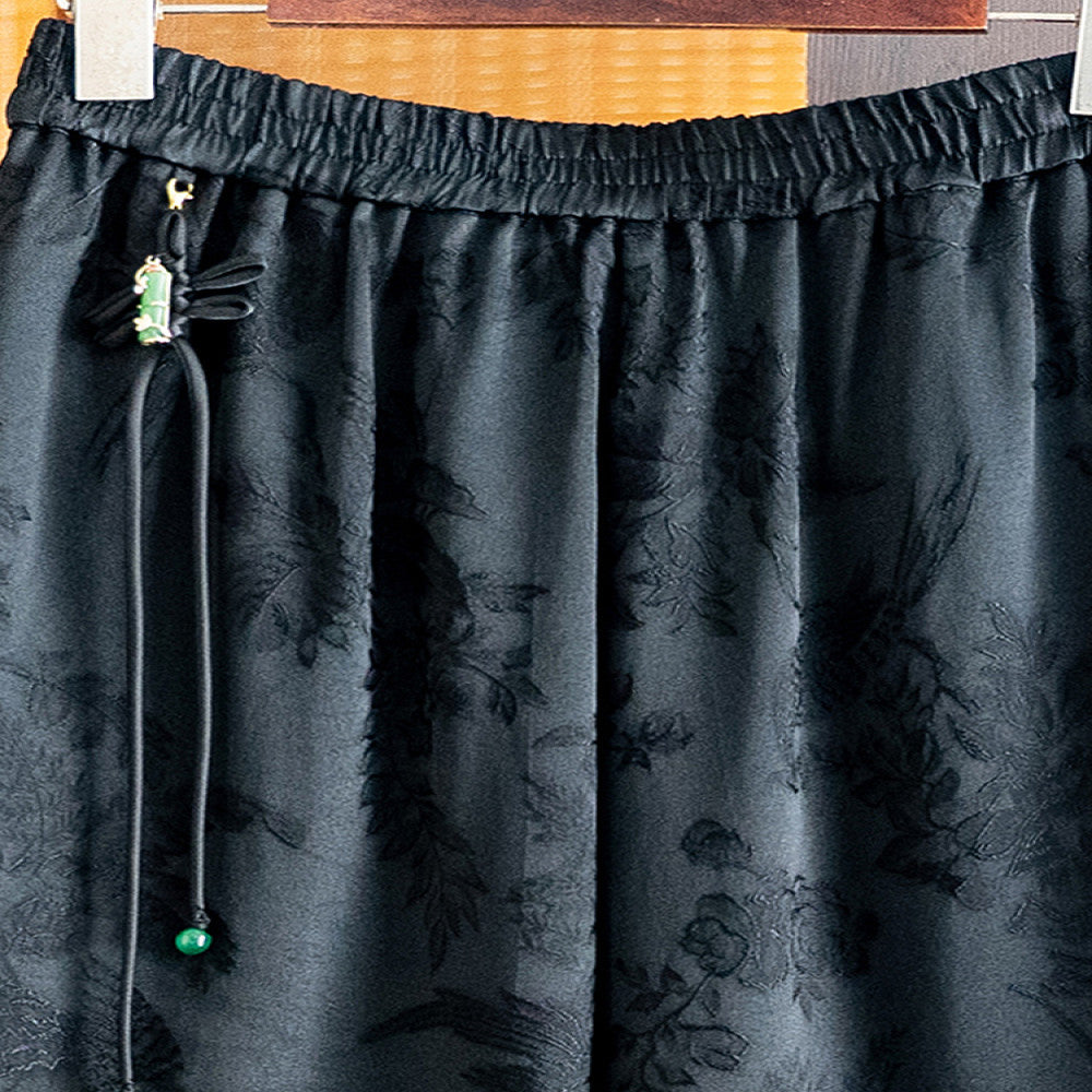 Vintage black slim straight trousers Autumn 2025 New China Chic elastic waist tassel jacquard casual pants for women image 4