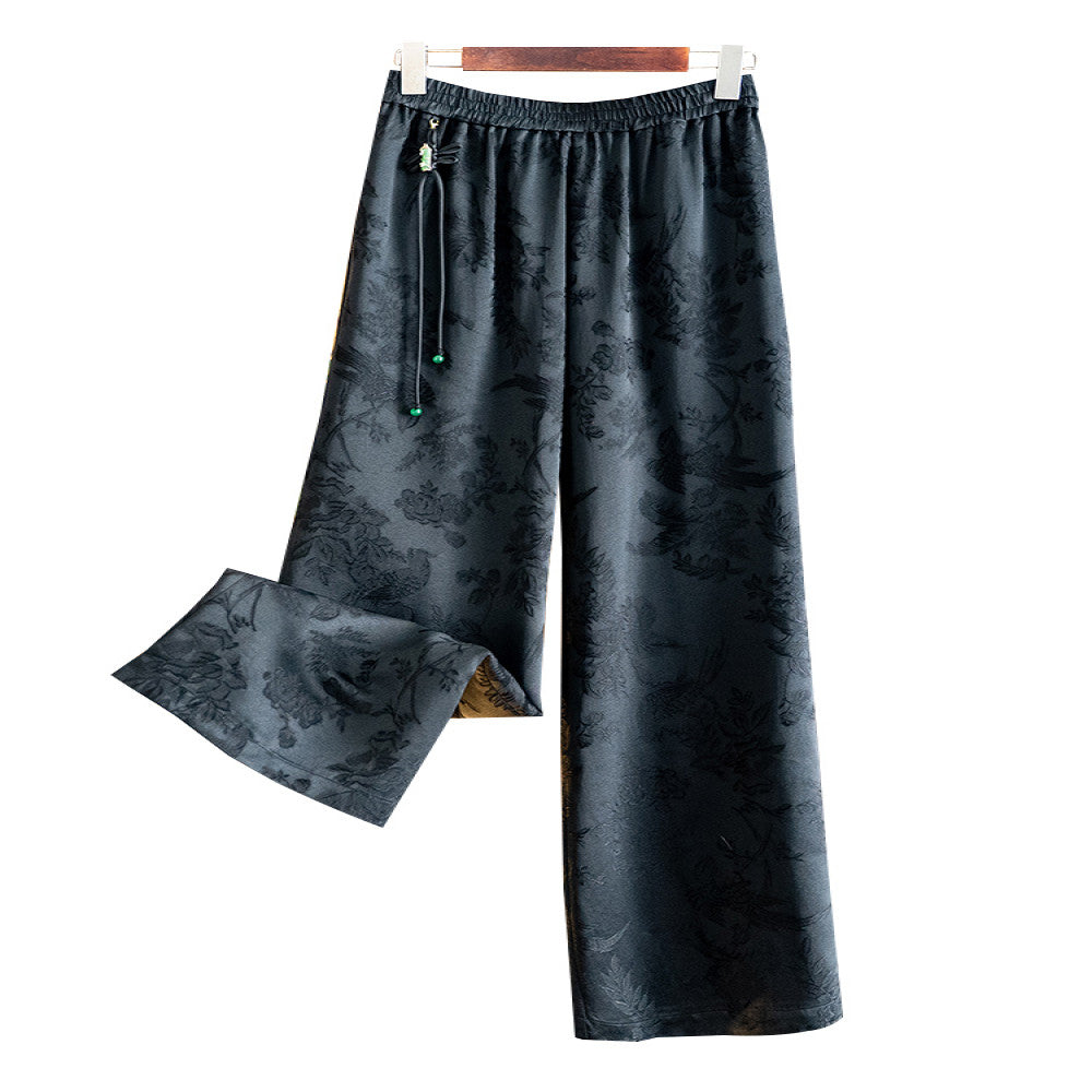 Vintage black slim straight trousers Autumn 2025 New China Chic elastic waist tassel jacquard casual pants for women image 5