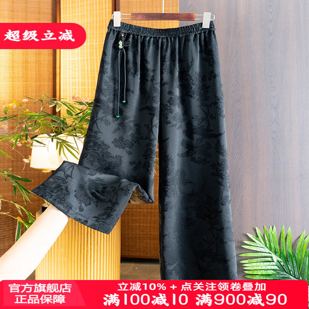 Vintage black slim straight trousers Autumn 2025 New China Chic elastic waist tassel jacquard casual pants for women image 0