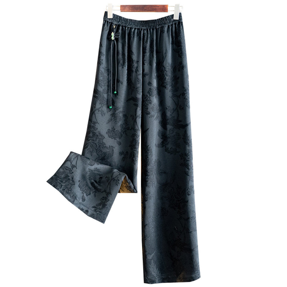 Vintage black slim straight trousers Autumn 2025 New China Chic elastic waist tassel jacquard casual pants for women image 12