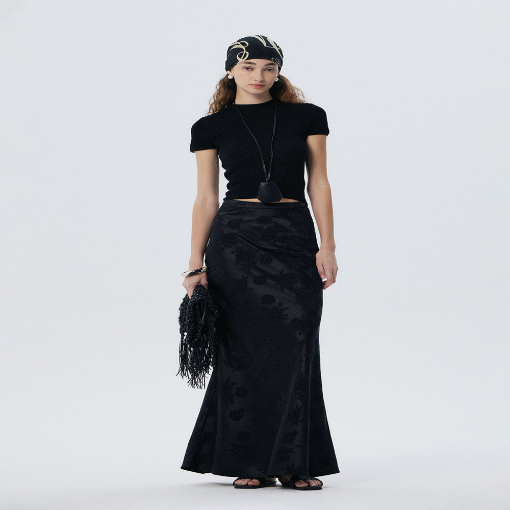 Thorny Light THORNSAURA Medium to Long New Chinese High Waist Satin Gloss Rose Jacquard Tail Skirt image 5