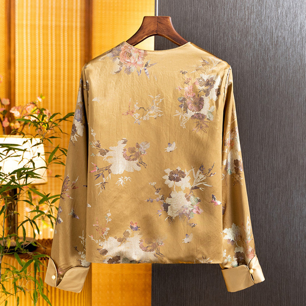 Advanced silk acetate jacquard jacket for women in spring 2025 retro loose new Chinese style top for women image 2