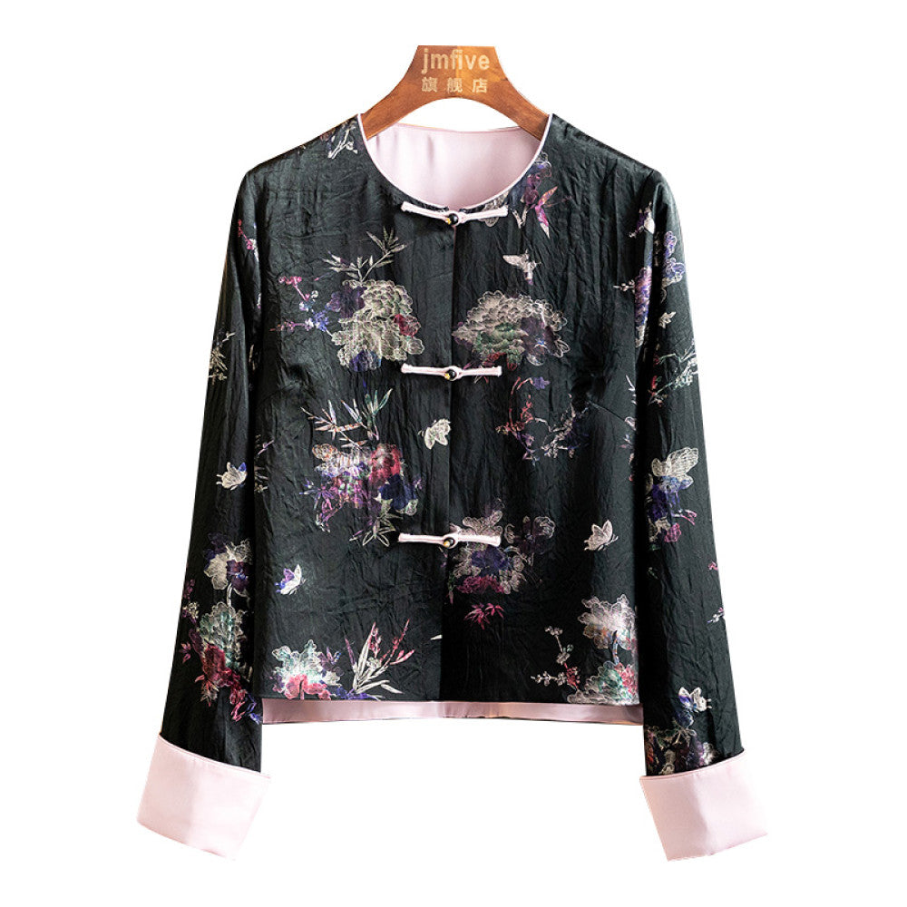 Advanced silk acetate jacquard jacket for women in spring 2025 retro loose new Chinese style top for women image 14