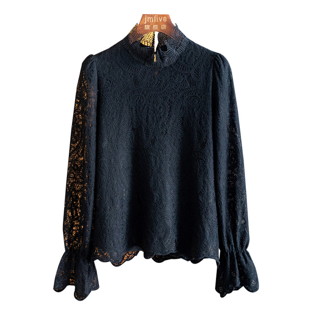 French sweet lace hollow out long sleeved temperament shirt for women in autumn 2025 fashionable and stylish interior top for women image 21