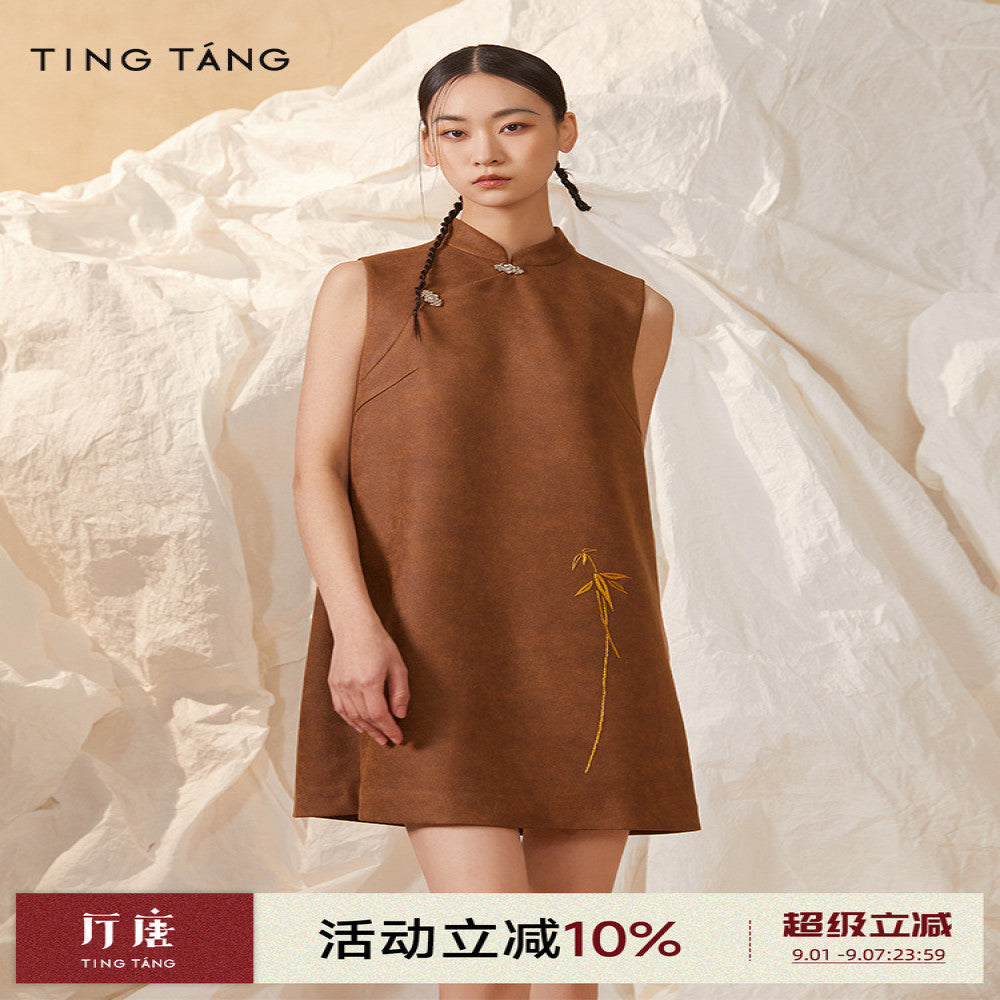 Tang Tang Ebony Agarwood Handmade Bamboo Embroidery Stand Collar Slant Lapel Button New Chinese Suede Dress image 0