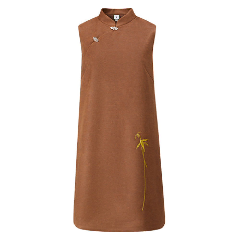 Tang Tang Ebony Agarwood Handmade Bamboo Embroidery Stand Collar Slant Lapel Button New Chinese Suede Dress image 10