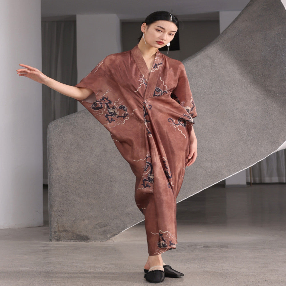 New Chinese style printed three dimensional cut batwing sleeves with a niche design sense both inside and outside the boundaries Seven point sleeve long dress image 0