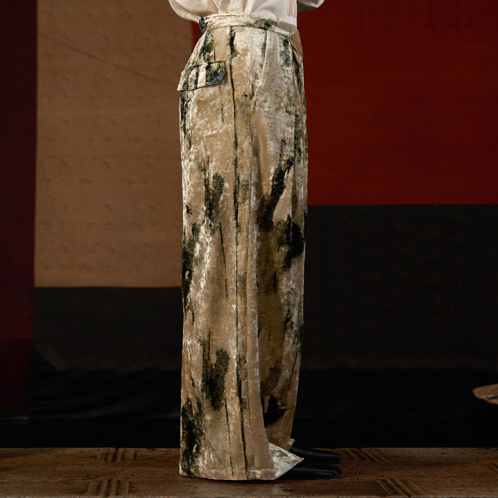 Inside and outside the original retro gold velvet print high waist high long wide leg pants mopping trousers J43K7084 image 2