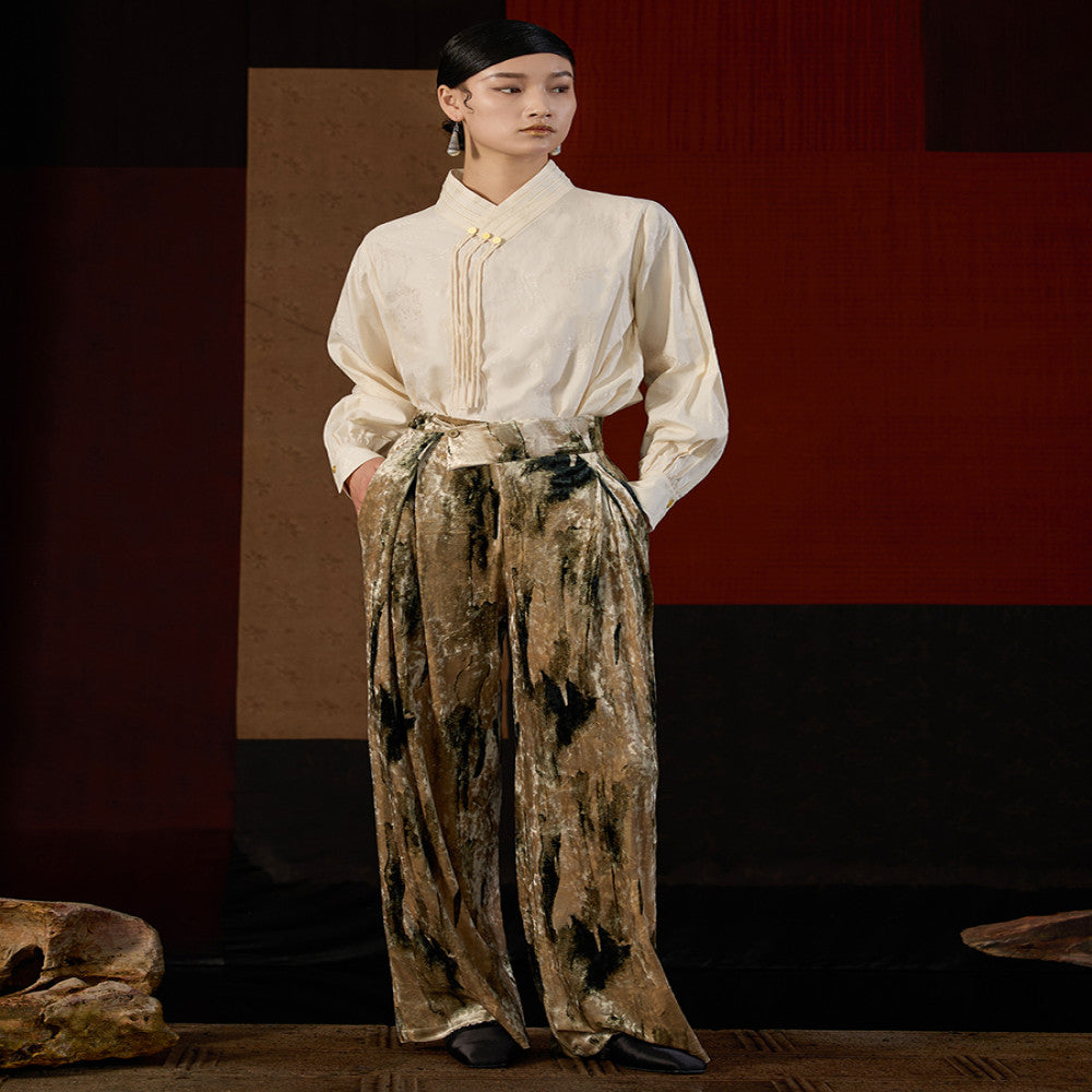 Inside and outside the original retro gold velvet print high waist high long wide leg pants mopping trousers J43K7084 image 4