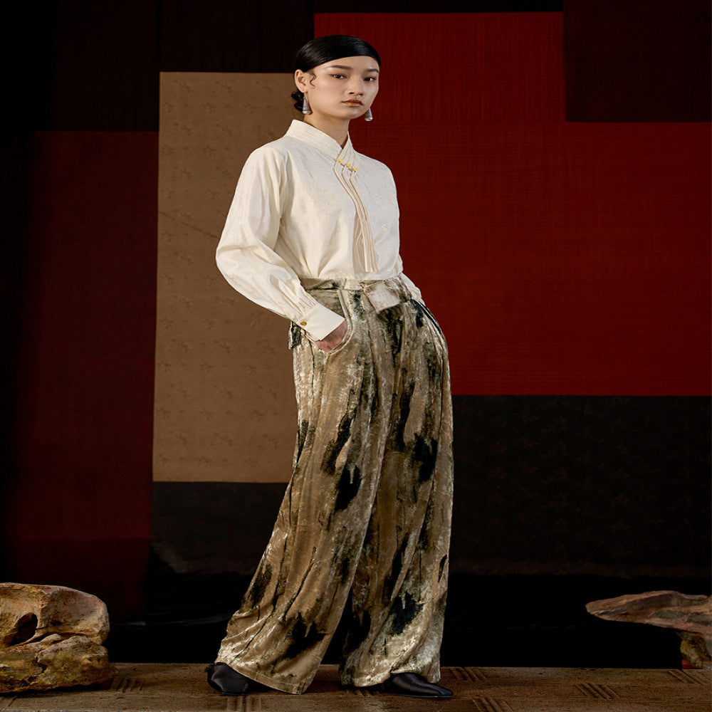Inside and outside the original retro gold velvet print high waist high long wide leg pants mopping trousers J43K7084 image 5
