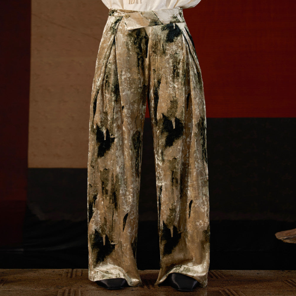 Inside and outside the original retro gold velvet print high waist high long wide leg pants mopping trousers J43K7084 image 0