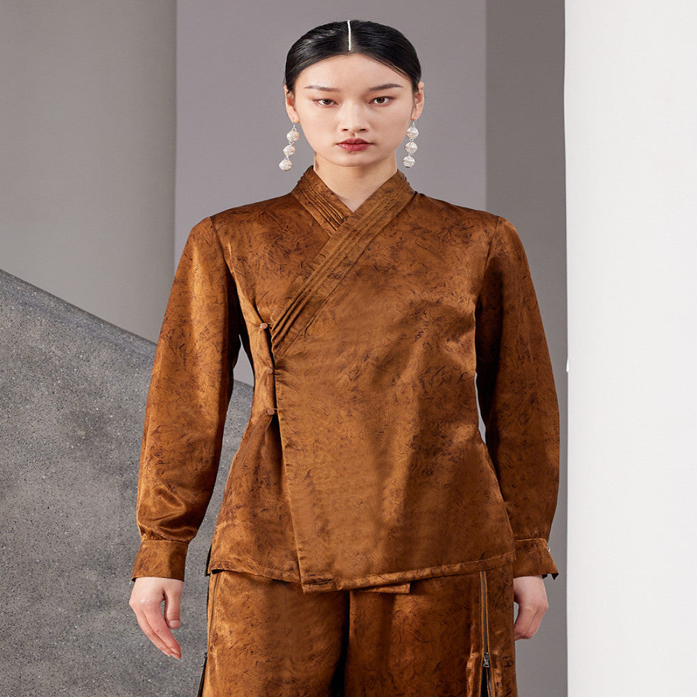 Original innovative Chinese Hanfu collar with acetic acid slimming and versatile long sleeved waist cinched shirt top J42C252 image 0